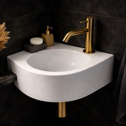 Slika LAVABO KERAMIČKI UGAONI CLEO 30 × 30 × 10 cm BELI KOMPAKTNI