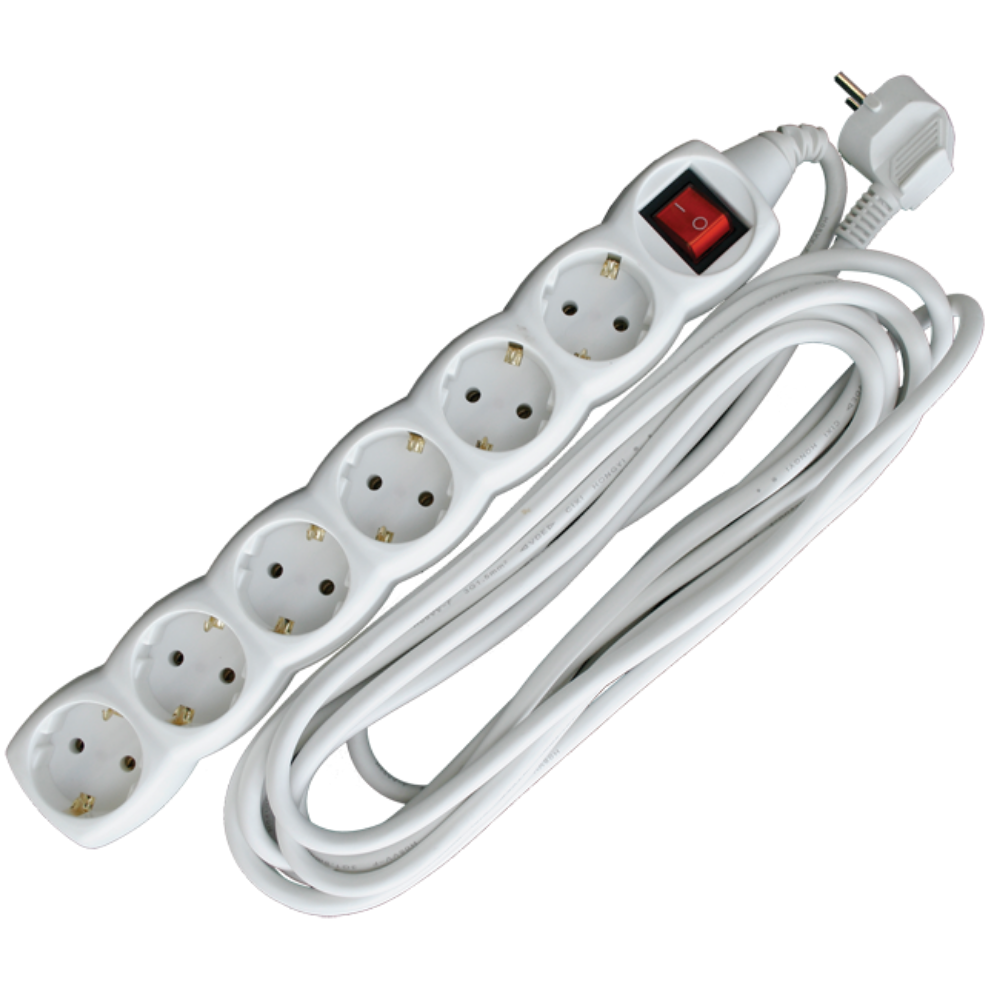 PRODUŽNI KABL + 6 UTIČNICA +  PREKIDAČ  3X1,5mm2 -  5m  BELI