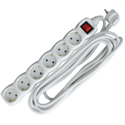 PRODUŽNI KABL + 6 UTIČNICA +  PREKIDAČ  3X1,5mm2 -  5m  BELI
