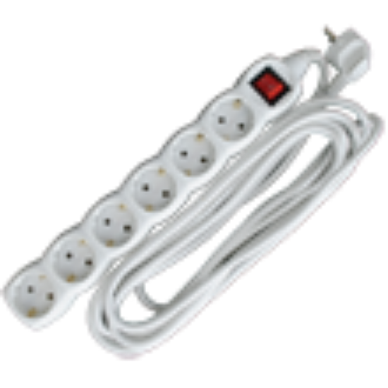 PRODUŽNI KABL + 6 UTIČNICA +  PREKIDAČ  3X1,5mm2 -  5m  BELI