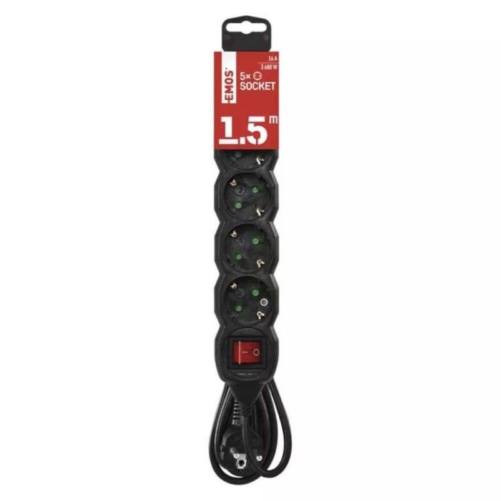 PRODUŽNI KABL+5 UTIČNICA+ PREKIDAČ 3X1,5mm2-1.5m  crni