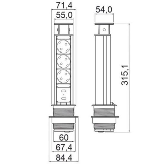 UTIČNICA ZA IZVLAČENJE ZA RADNI STO FI60 3xŠUKO+2X PUNJAČ 5V/2,1A SIVA GTV AE-BPW3S60U-80  "GTV"
