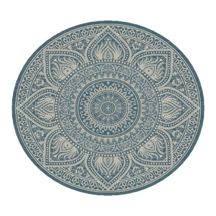 TEPIH "OUTDOOR" OKRUGLI  SLONOVA KOST/SREBRNO /PLAVI 160CM